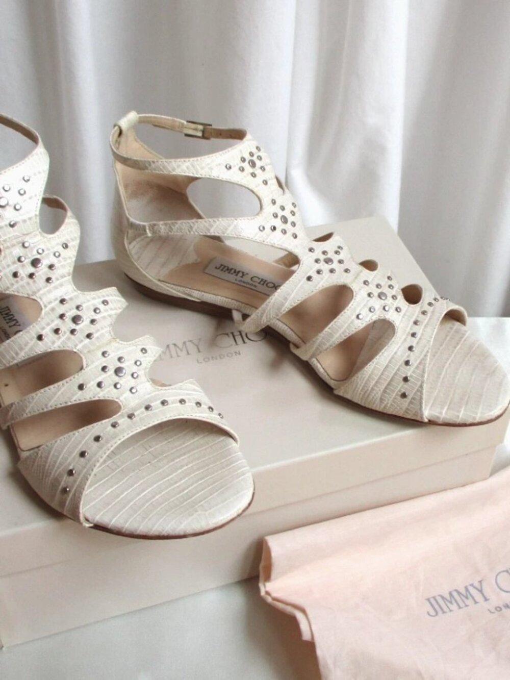Jimmy Choo Rebel Size 39 US 9 Lizzard Print Chalk Flat Ankle Straps Sandal Rare